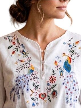 Carole Little White Linen Embroidered Peacock Boho Peasant Blouse Peacock Motif